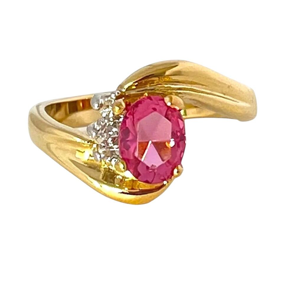Vintage 1980s Pink Crystal Ring Size 7 14KGE Gold Plate - 3P